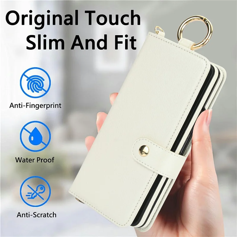 For Samsung Galaxy Z Fold5 5G Case Wrist Band Kickstand PU Leather Wallet Phone Cover with Shoulder Strap - Beige
