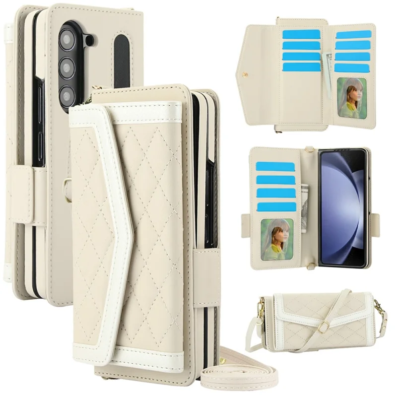 For Samsung Galaxy Z Fold5 5G Case Quilted Design PU Leather Wallet Phone Cover with Shoulder Strap - Beige