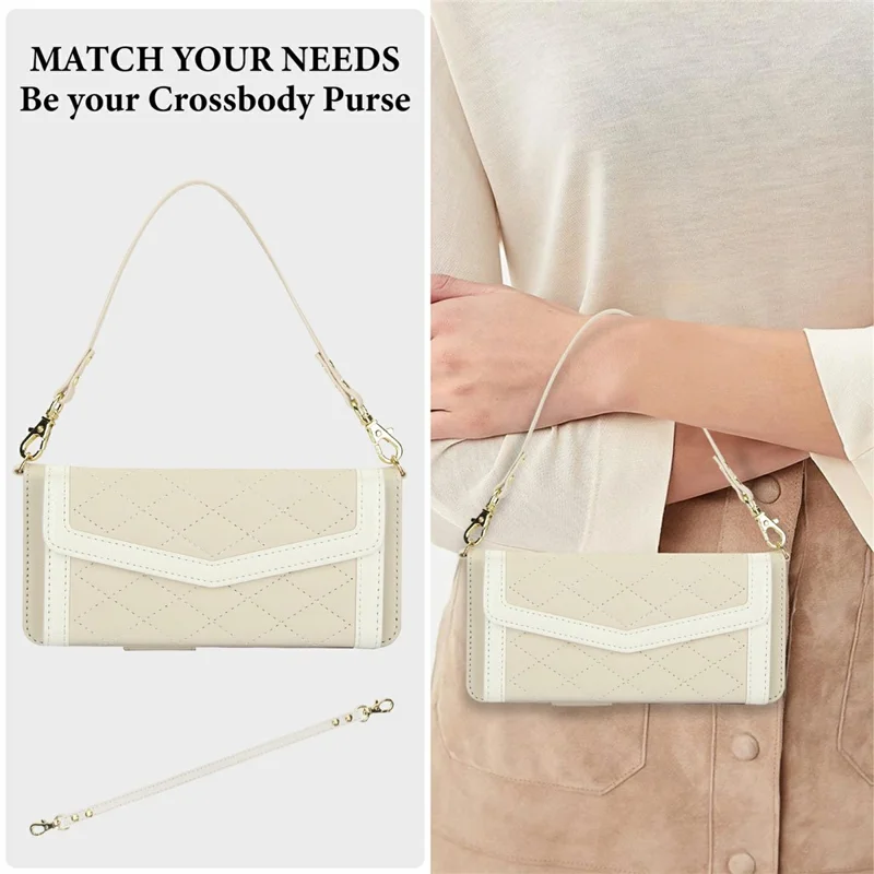 For Samsung Galaxy Z Fold5 5G Case Quilted Design PU Leather Wallet Phone Cover with Shoulder Strap - Beige
