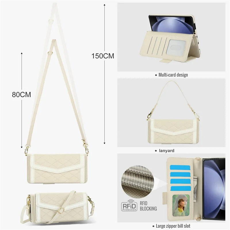 For Samsung Galaxy Z Fold5 5G Case Quilted Design PU Leather Wallet Phone Cover with Shoulder Strap - Beige