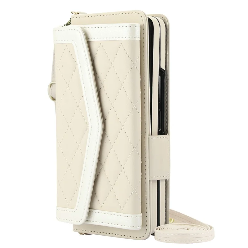 For Samsung Galaxy Z Fold5 5G Case Quilted Design PU Leather Wallet Phone Cover with Shoulder Strap - Beige