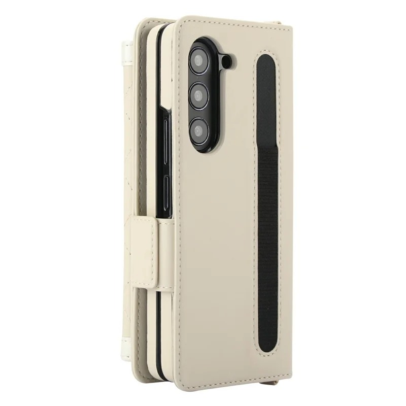 For Samsung Galaxy Z Fold5 5G Case Quilted Design PU Leather Wallet Phone Cover with Shoulder Strap - Beige