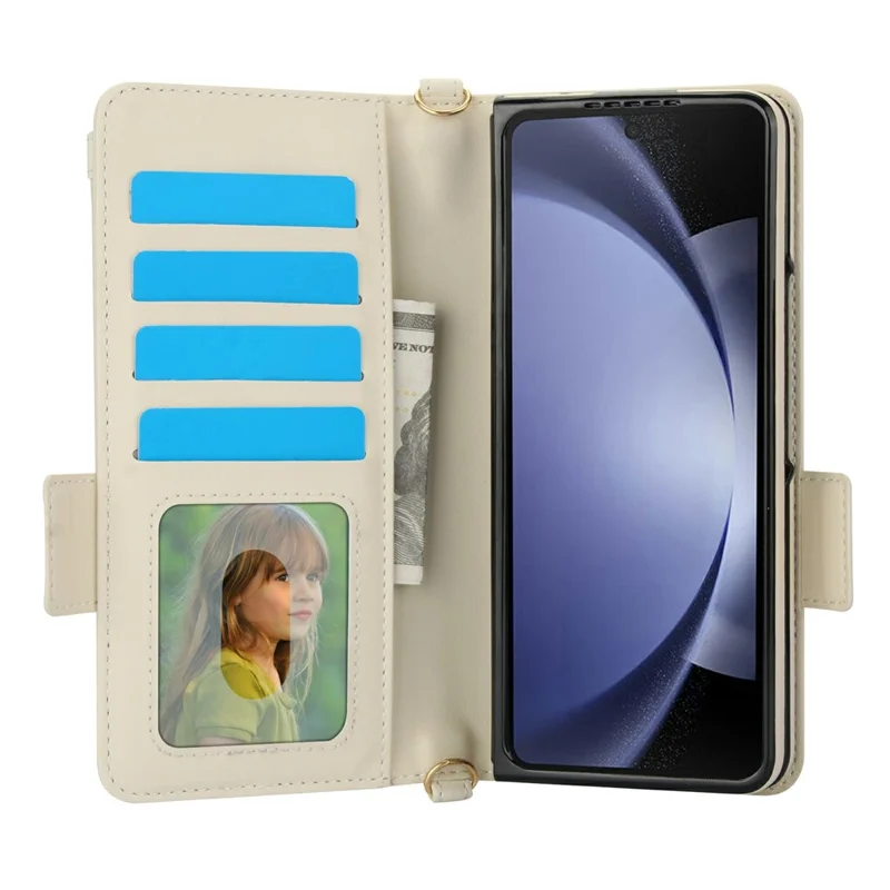 For Samsung Galaxy Z Fold5 5G Case Quilted Design PU Leather Wallet Phone Cover with Shoulder Strap - Beige