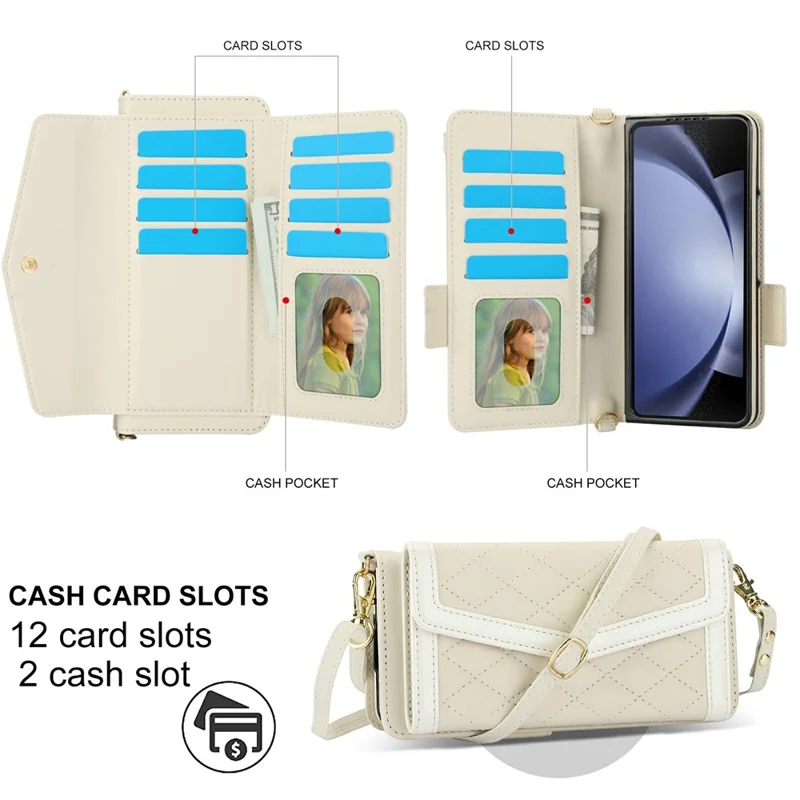 For Samsung Galaxy Z Fold5 5G Case Quilted Design PU Leather Wallet Phone Cover with Shoulder Strap - Beige