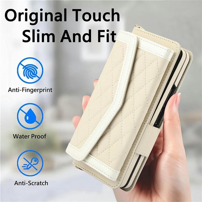 For Samsung Galaxy Z Fold5 5G Case Quilted Design PU Leather Wallet Phone Cover with Shoulder Strap - Beige