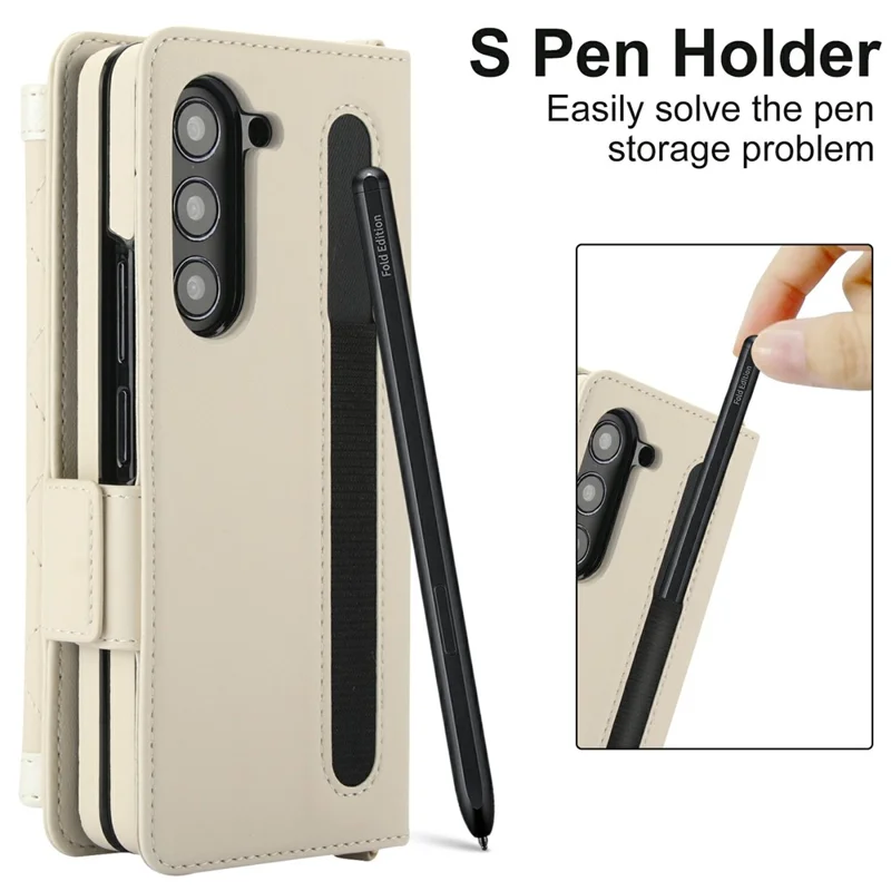 For Samsung Galaxy Z Fold5 5G Case Quilted Design PU Leather Wallet Phone Cover with Shoulder Strap - Beige