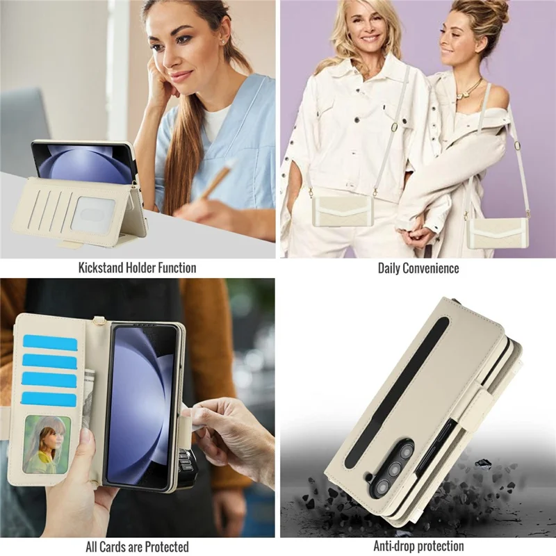 For Samsung Galaxy Z Fold5 5G Case Quilted Design PU Leather Wallet Phone Cover with Shoulder Strap - Beige
