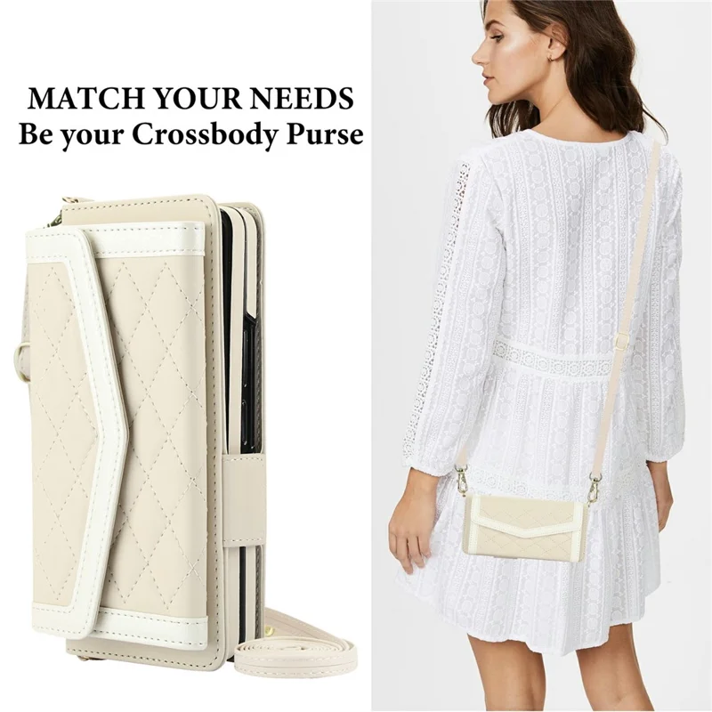 For Samsung Galaxy Z Fold5 5G Case Quilted Design PU Leather Wallet Phone Cover with Shoulder Strap - Beige