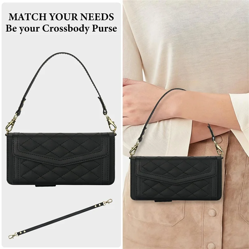 For Samsung Galaxy Z Fold5 5G Case Quilted Design PU Leather Wallet Phone Cover with Shoulder Strap - Black