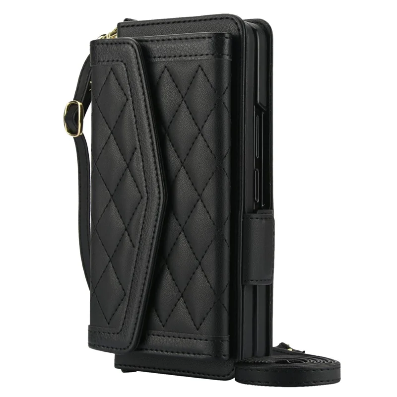 For Samsung Galaxy Z Fold5 5G Case Quilted Design PU Leather Wallet Phone Cover with Shoulder Strap - Black