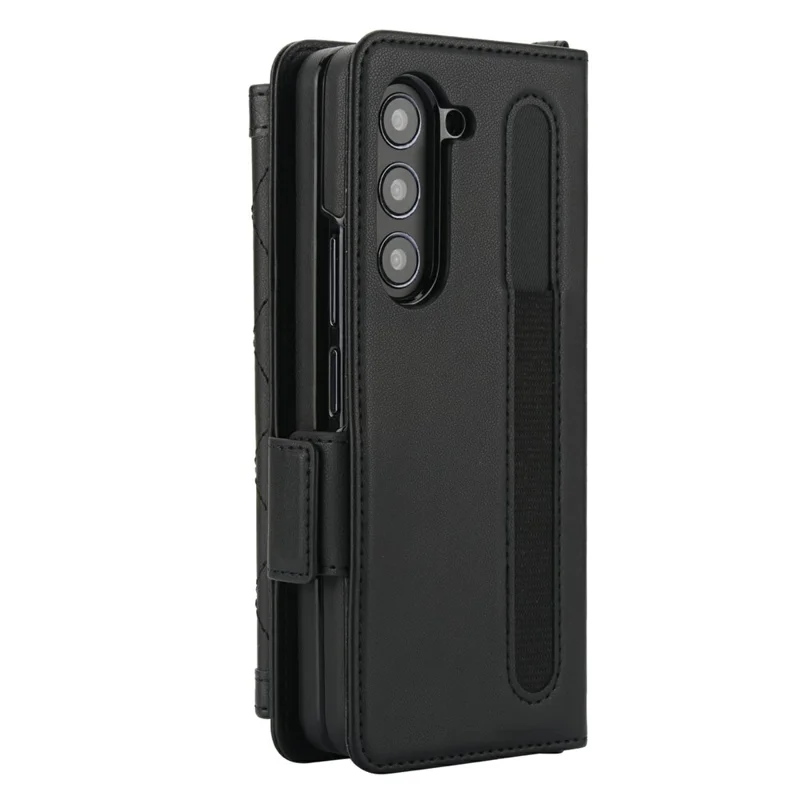For Samsung Galaxy Z Fold5 5G Case Quilted Design PU Leather Wallet Phone Cover with Shoulder Strap - Black