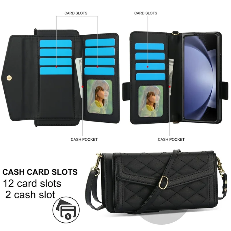 For Samsung Galaxy Z Fold5 5G Case Quilted Design PU Leather Wallet Phone Cover with Shoulder Strap - Black