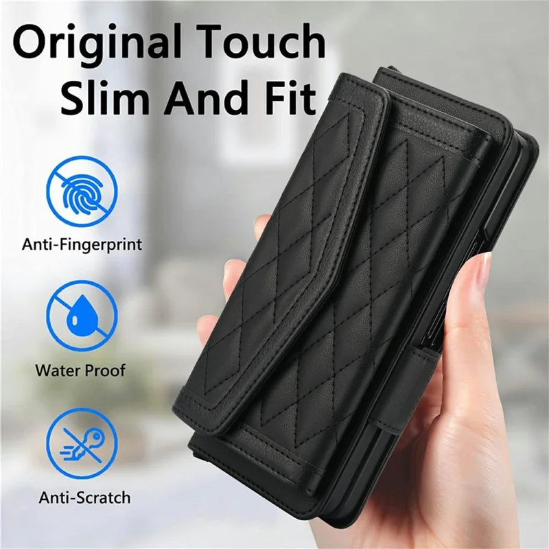 For Samsung Galaxy Z Fold5 5G Case Quilted Design PU Leather Wallet Phone Cover with Shoulder Strap - Black