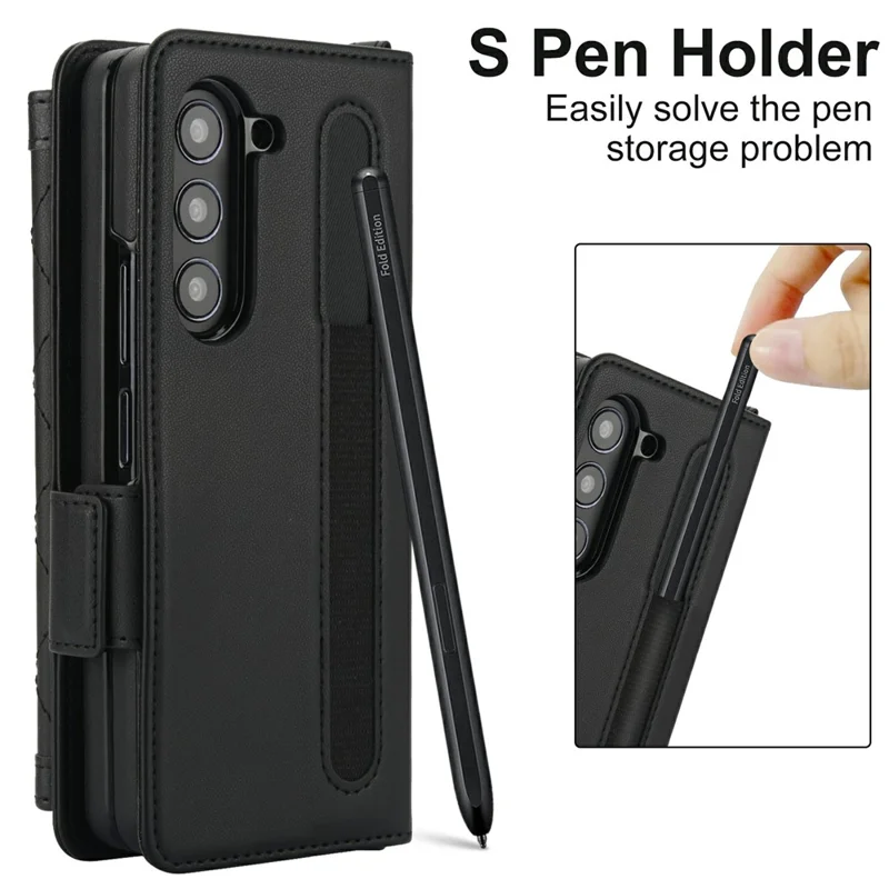 For Samsung Galaxy Z Fold5 5G Case Quilted Design PU Leather Wallet Phone Cover with Shoulder Strap - Black
