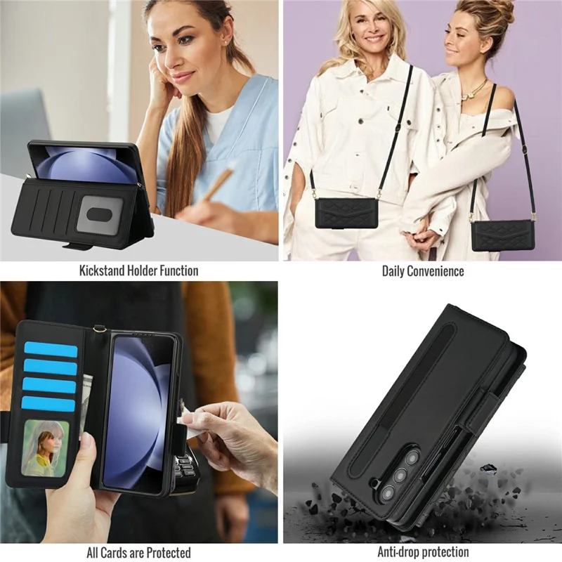 For Samsung Galaxy Z Fold5 5G Case Quilted Design PU Leather Wallet Phone Cover with Shoulder Strap - Black