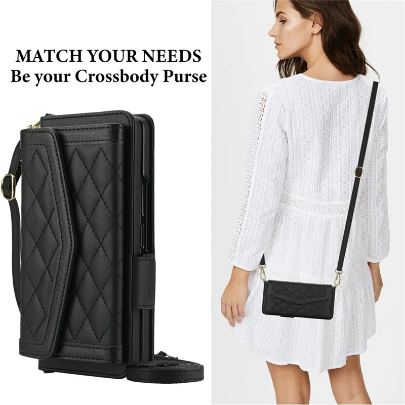 For Samsung Galaxy Z Fold5 5G Case Quilted Design PU Leather Wallet Phone Cover with Shoulder Strap - Black