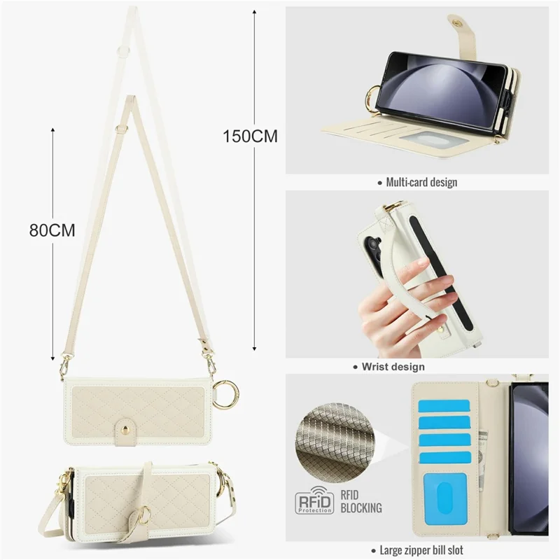 For Samsung Galaxy Z Fold6 5G Case Quilted Design Ring Holder Leather Wallet Phone Cover with Shoulder Strap - Beige