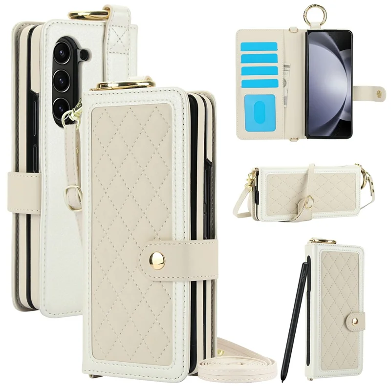 For Samsung Galaxy Z Fold5 5G Case Quilted Design Ring Holder Leather Wallet Phone Cover with Shoulder Strap - Beige