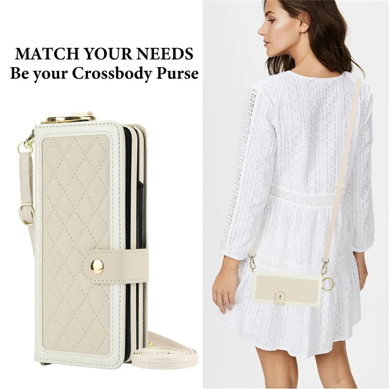 For Samsung Galaxy Z Fold5 5G Case Quilted Design Ring Holder Leather Wallet Phone Cover with Shoulder Strap - Beige