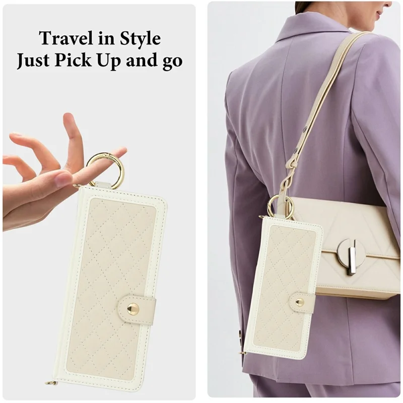For Samsung Galaxy Z Fold5 5G Case Quilted Design Ring Holder Leather Wallet Phone Cover with Shoulder Strap - Beige
