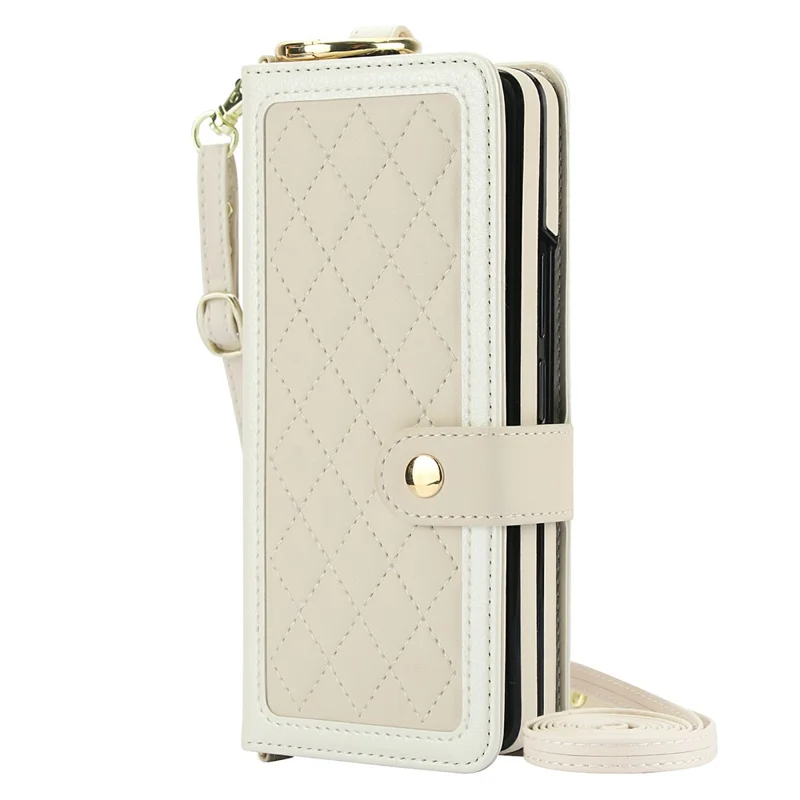 For Samsung Galaxy Z Fold5 5G Case Quilted Design Ring Holder Leather Wallet Phone Cover with Shoulder Strap - Beige