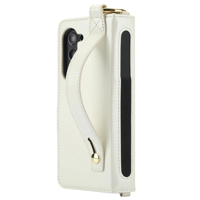 For Samsung Galaxy Z Fold5 5G Case Quilted Design Ring Holder Leather Wallet Phone Cover with Shoulder Strap - Beige