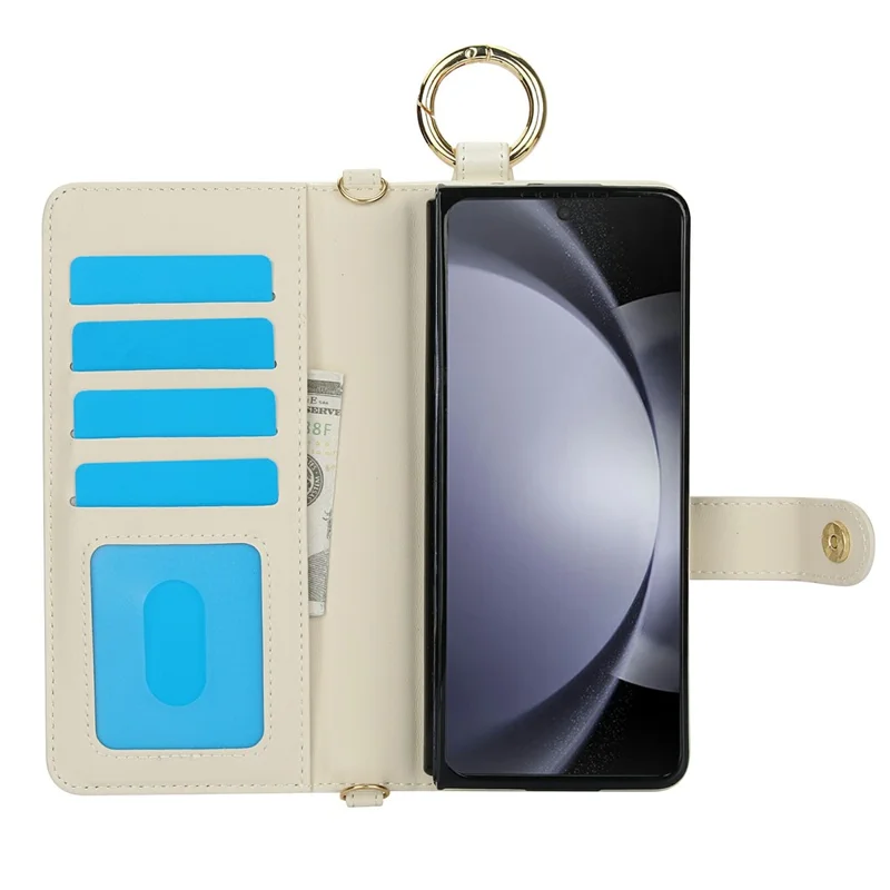 For Samsung Galaxy Z Fold5 5G Case Quilted Design Ring Holder Leather Wallet Phone Cover with Shoulder Strap - Beige