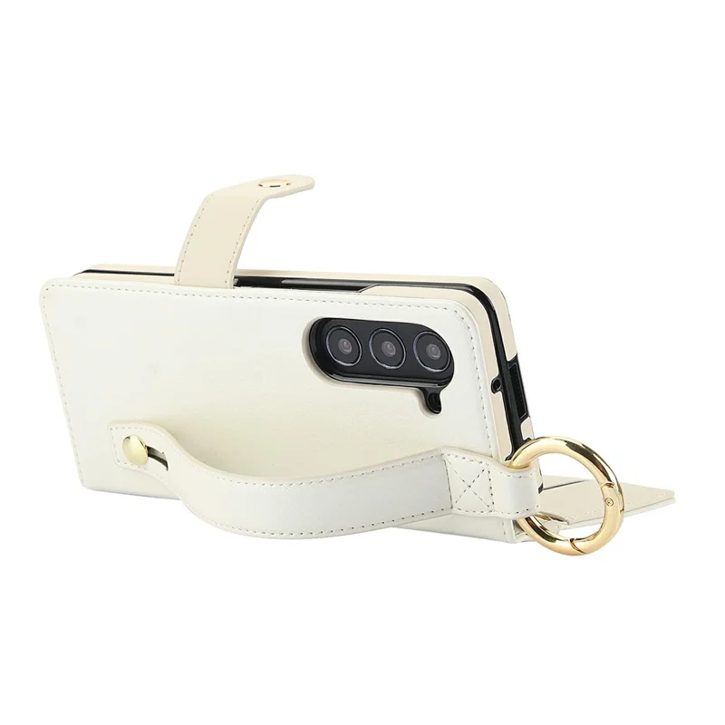 For Samsung Galaxy Z Fold5 5G Case Quilted Design Ring Holder Leather Wallet Phone Cover with Shoulder Strap - Beige