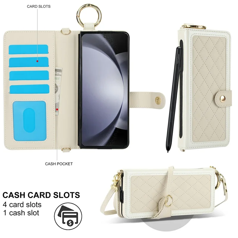 For Samsung Galaxy Z Fold5 5G Case Quilted Design Ring Holder Leather Wallet Phone Cover with Shoulder Strap - Beige