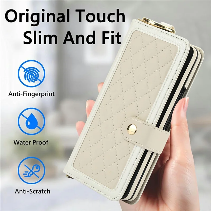 For Samsung Galaxy Z Fold5 5G Case Quilted Design Ring Holder Leather Wallet Phone Cover with Shoulder Strap - Beige