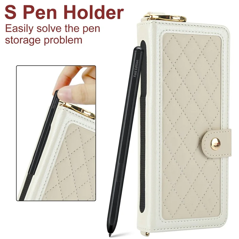 For Samsung Galaxy Z Fold5 5G Case Quilted Design Ring Holder Leather Wallet Phone Cover with Shoulder Strap - Beige