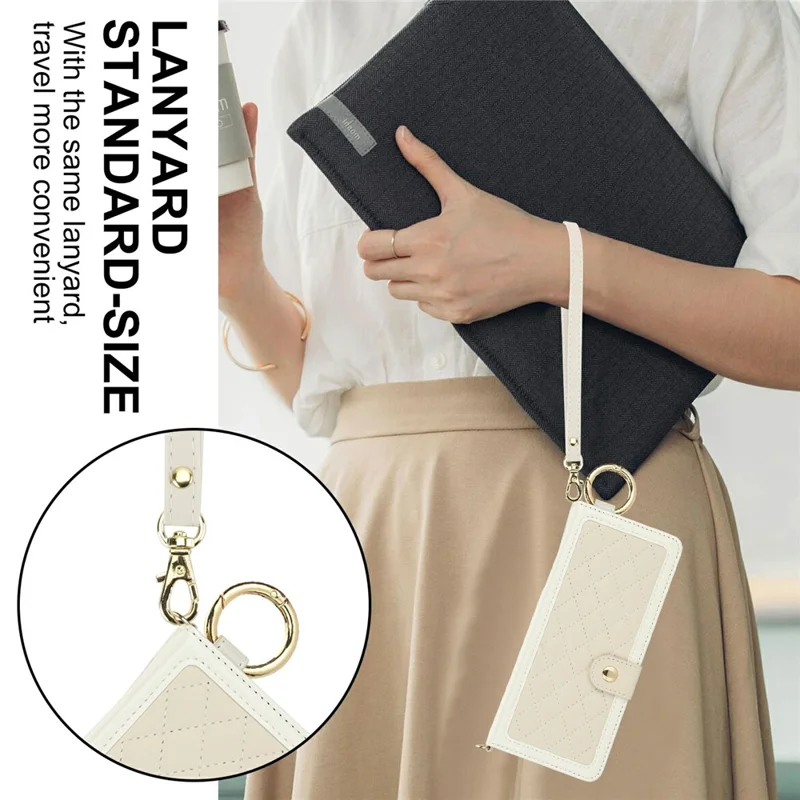 For Samsung Galaxy Z Fold5 5G Case Quilted Design Ring Holder Leather Wallet Phone Cover with Shoulder Strap - Beige