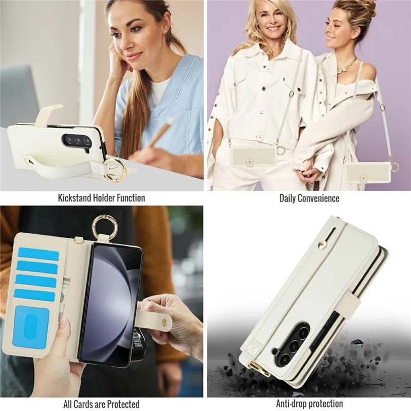 For Samsung Galaxy Z Fold5 5G Case Quilted Design Ring Holder Leather Wallet Phone Cover with Shoulder Strap - Beige