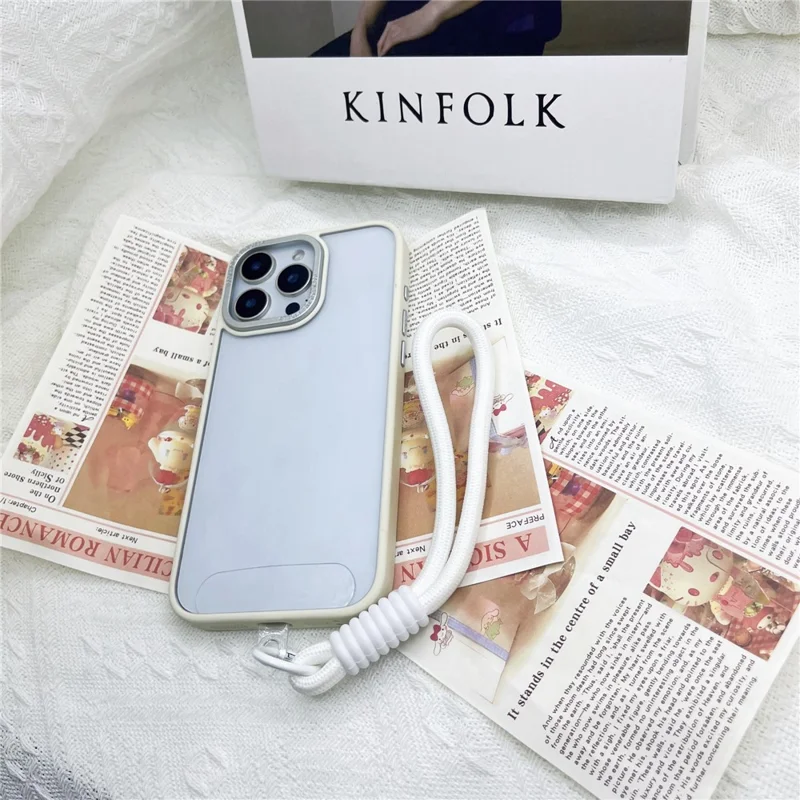 For iPhone 16 Pro Case Skin-Touch TPU + PC Clear Phone Back Cover with Wrist Strap - Antique White