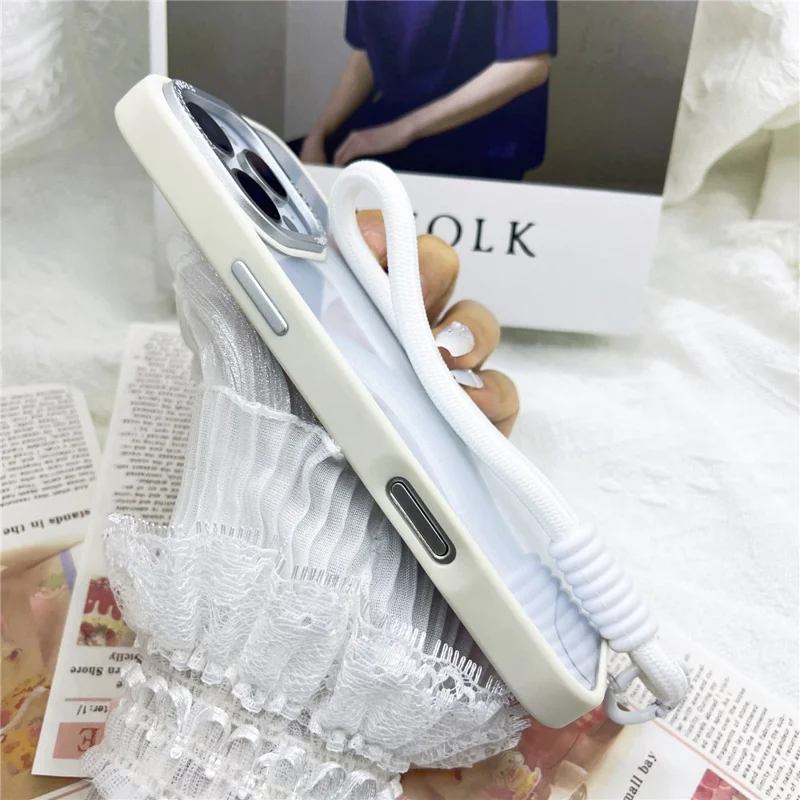 For iPhone 16 Pro Case Skin-Touch TPU + PC Clear Phone Back Cover with Wrist Strap - Antique White