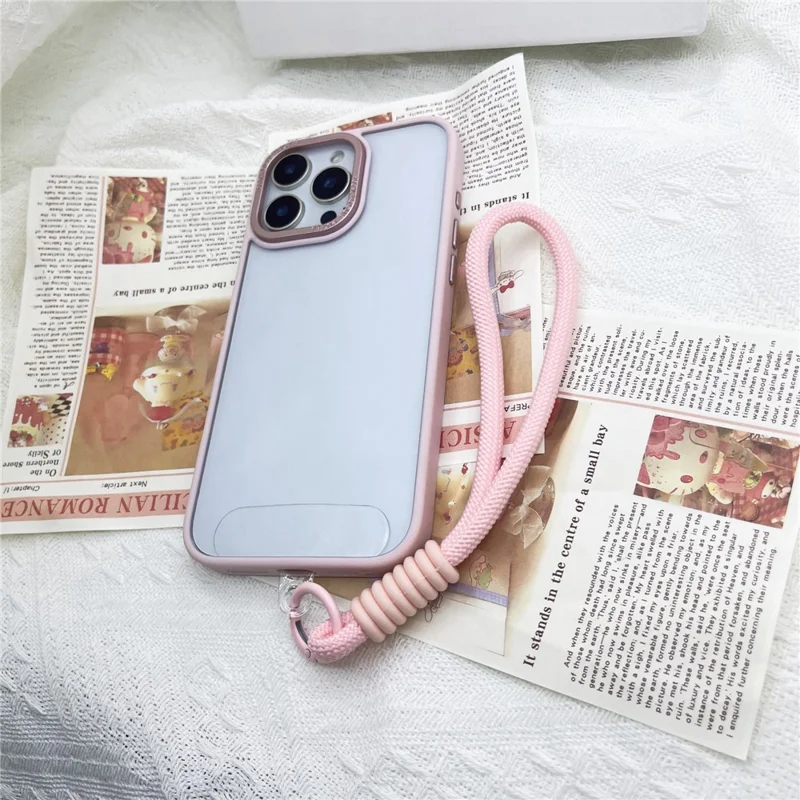 For iPhone 16 Pro Case Skin-Touch TPU + PC Clear Phone Back Cover with Wrist Strap - Pink