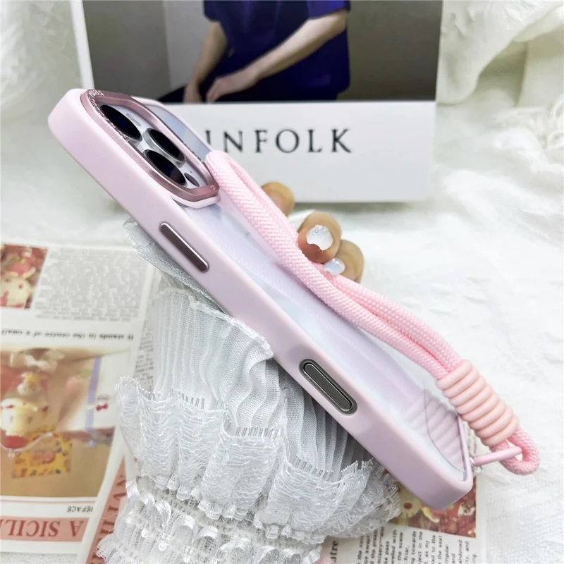 For iPhone 16 Pro Case Skin-Touch TPU + PC Clear Phone Back Cover with Wrist Strap - Pink