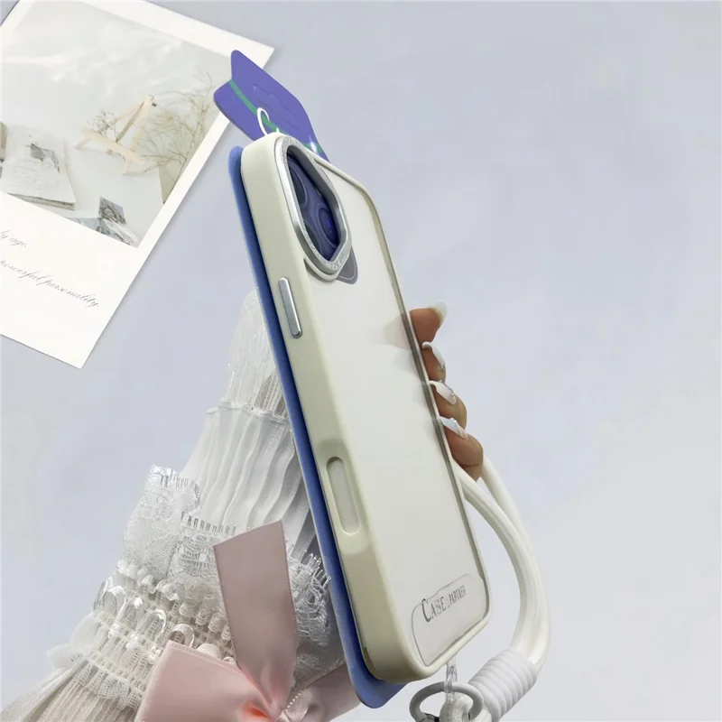 For iPhone 16 Case Skin-Touch TPU + PC Clear Phone Back Cover with Wrist Strap - Antique White