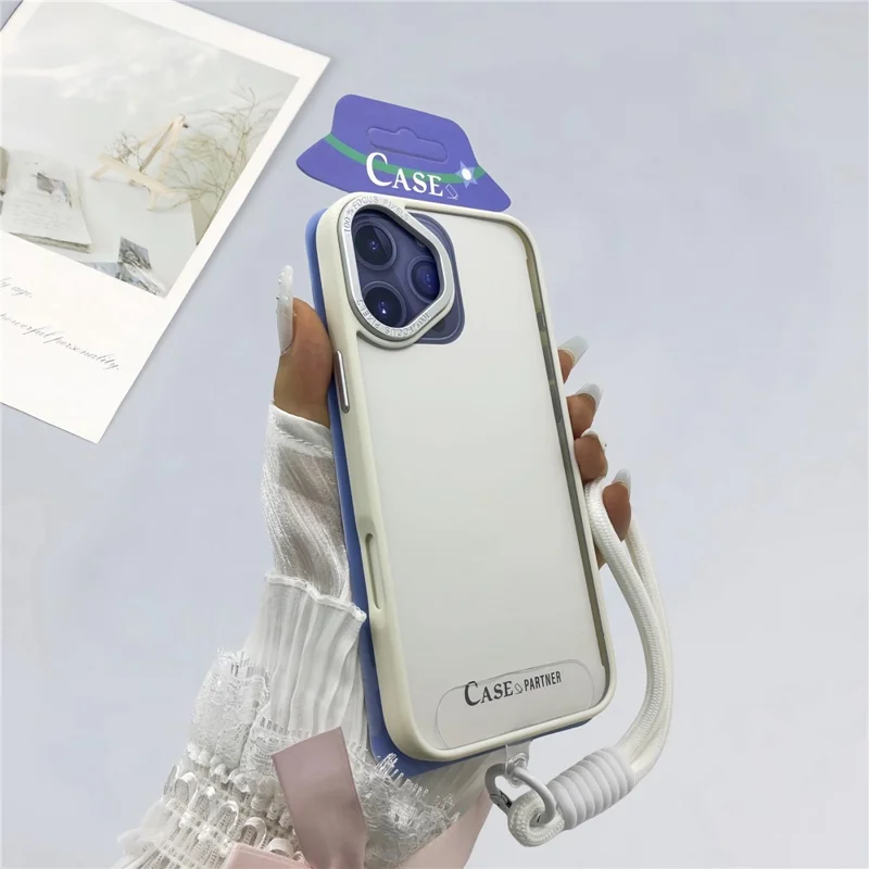 Cover per iPhone 16 Plus con Skin-Touch TPU + PC Trasparente con Cinturino da Polso - Bianco Antico
