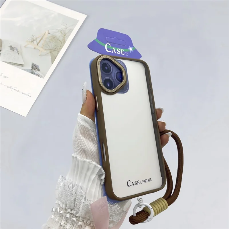 For iPhone 16 Plus Case Skin-Touch TPU + PC Clear Phone Back Cover with Wrist Strap - Desert Gold