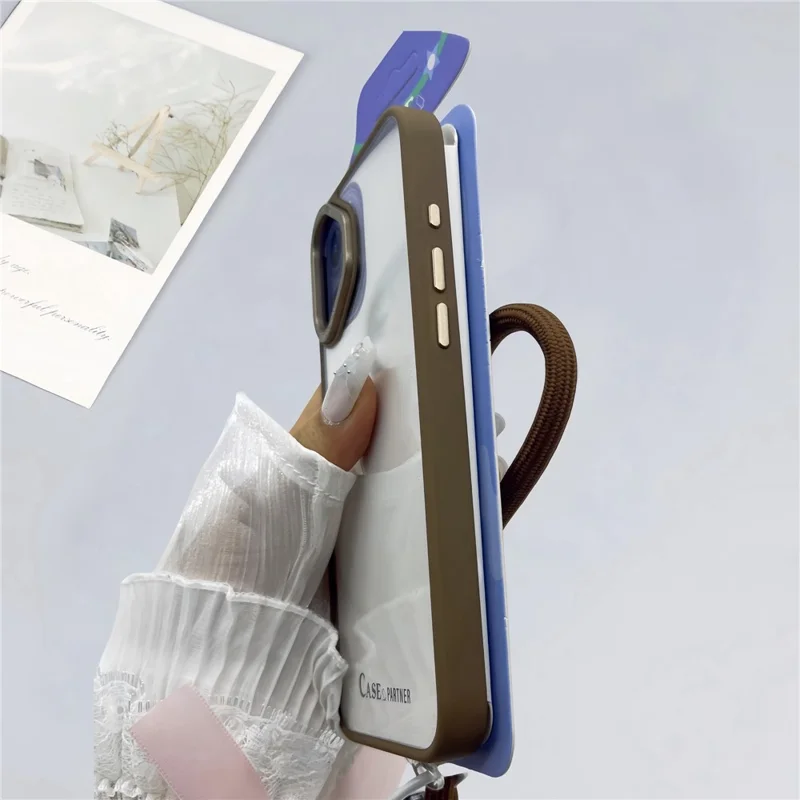 For iPhone 16 Plus Case Skin-Touch TPU + PC Clear Phone Back Cover with Wrist Strap - Desert Gold