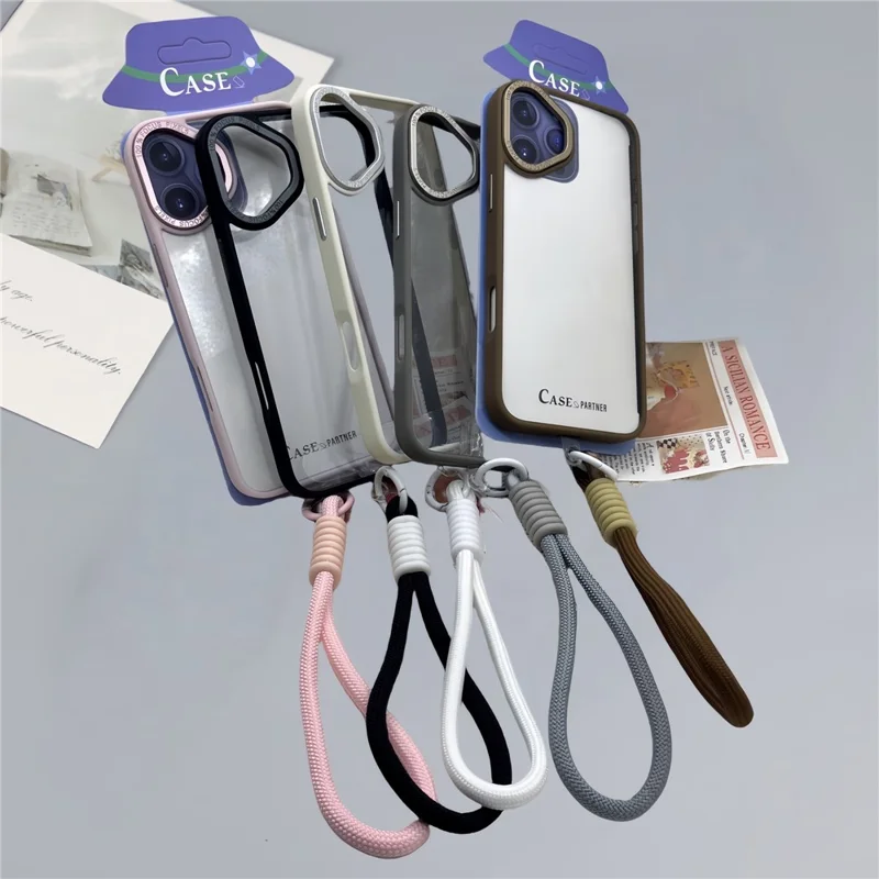 For iPhone 16 Plus Case Skin-Touch TPU + PC Clear Phone Back Cover with Wrist Strap - Desert Gold