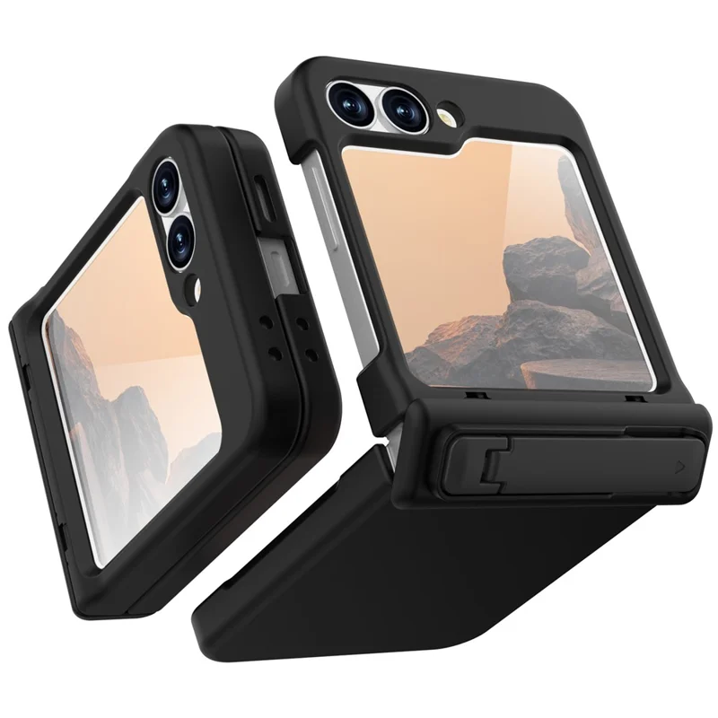 GW18 For Samsung Galaxy Z Flip7 FE 5G  /  Flip6 5G Case Rubberized Hard PC Kickstand Phone Cover - Black