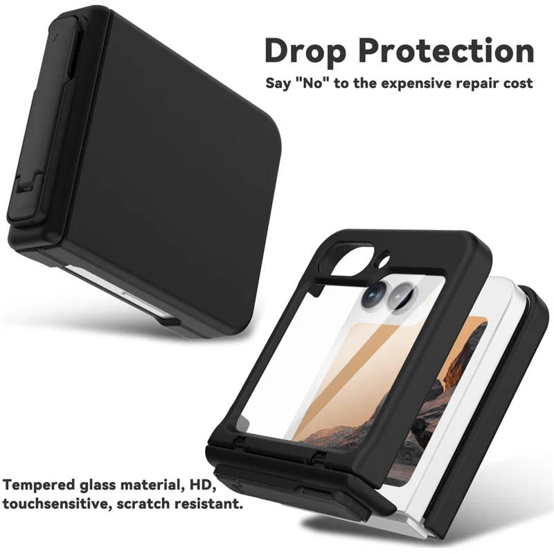GW18 For Samsung Galaxy Z Flip7 FE 5G  /  Flip6 5G Case Rubberized Hard PC Kickstand Phone Cover - Black