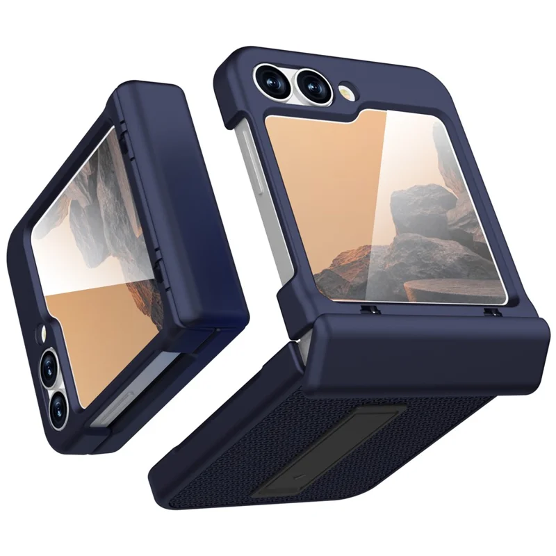 GW182 For Samsung Galaxy Z Flip7 FE 5G  /  Flip6 5G Kickstand Case Solid Color Hard PC Phone Back Cover - Dark Blue