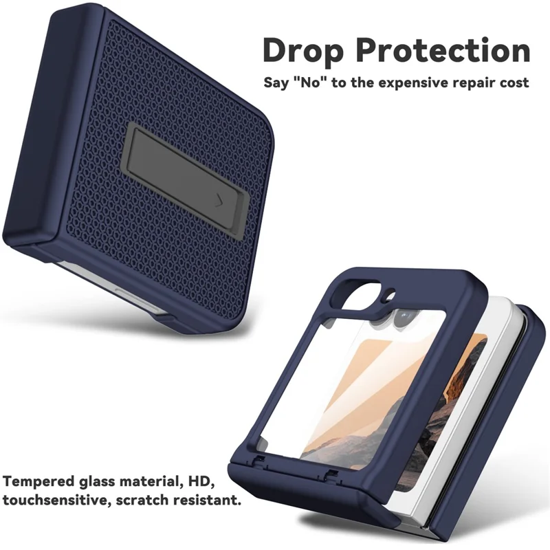 GW182 For Samsung Galaxy Z Flip7 FE 5G  /  Flip6 5G Kickstand Case Solid Color Hard PC Phone Back Cover - Dark Blue