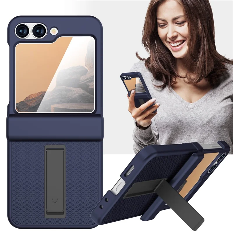 GW182 For Samsung Galaxy Z Flip7 FE 5G  /  Flip6 5G Kickstand Case Solid Color Hard PC Phone Back Cover - Dark Blue