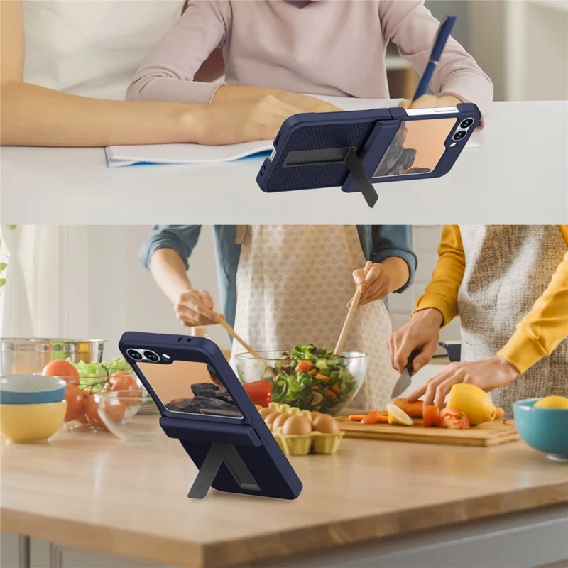 GW182 For Samsung Galaxy Z Flip7 FE 5G  /  Flip6 5G Kickstand Case Solid Color Hard PC Phone Back Cover - Dark Blue
