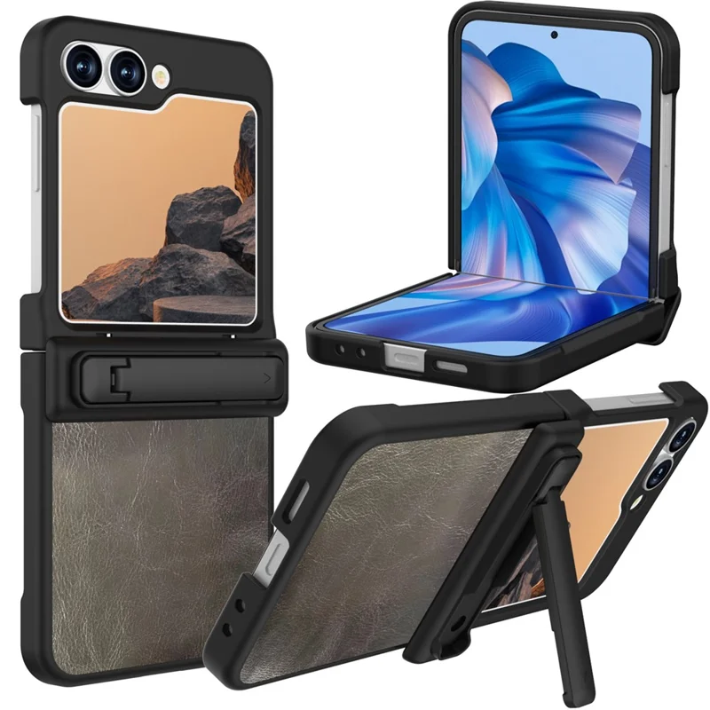 GW181 Para Samsung Galaxy Z Flip7 FE 5G / Flip6 5G Funda con Soporte de Diseño Textura Crazy Horse de Cuero PU y PC para Móvil - Negro