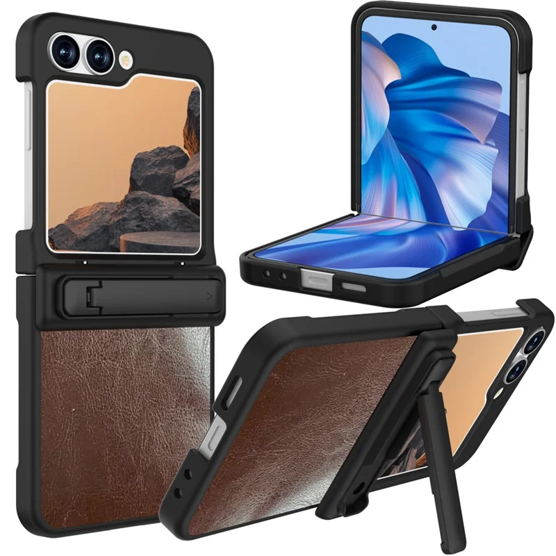 Funda GW181 con Soporte para Samsung Galaxy Z Flip7 FE 5G / Flip6 5G - Textura de Cuero Loco, Cubierta Trasera de Teléfono de PC - Marrón Oscuro